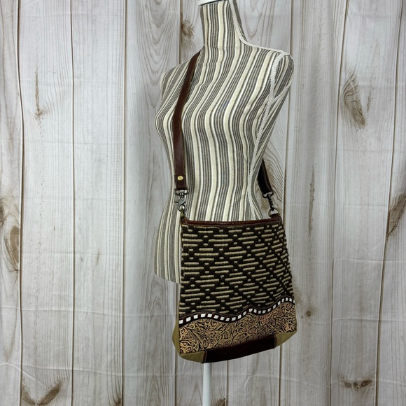 Myra Bag Handbags - Myra Leather Shoulder Purse Tooled Leather Canvas Crossbody Pocketbook Brown